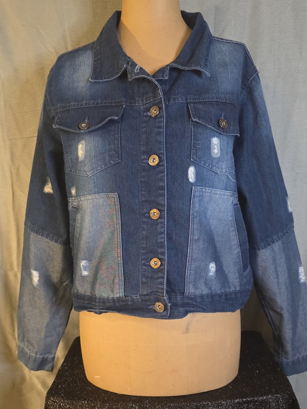 Women's Dark Blue Distressed Denim Jacket